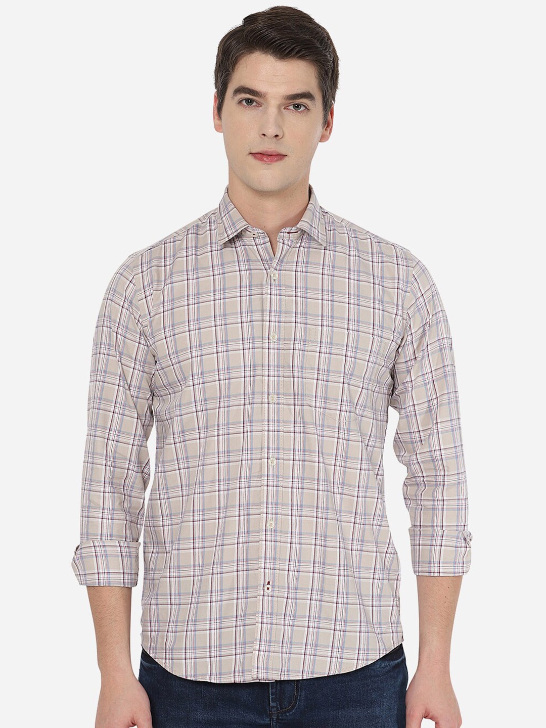 

JADE BLUE Men Beige Slim Fit Checked Cotton Casual Shirt