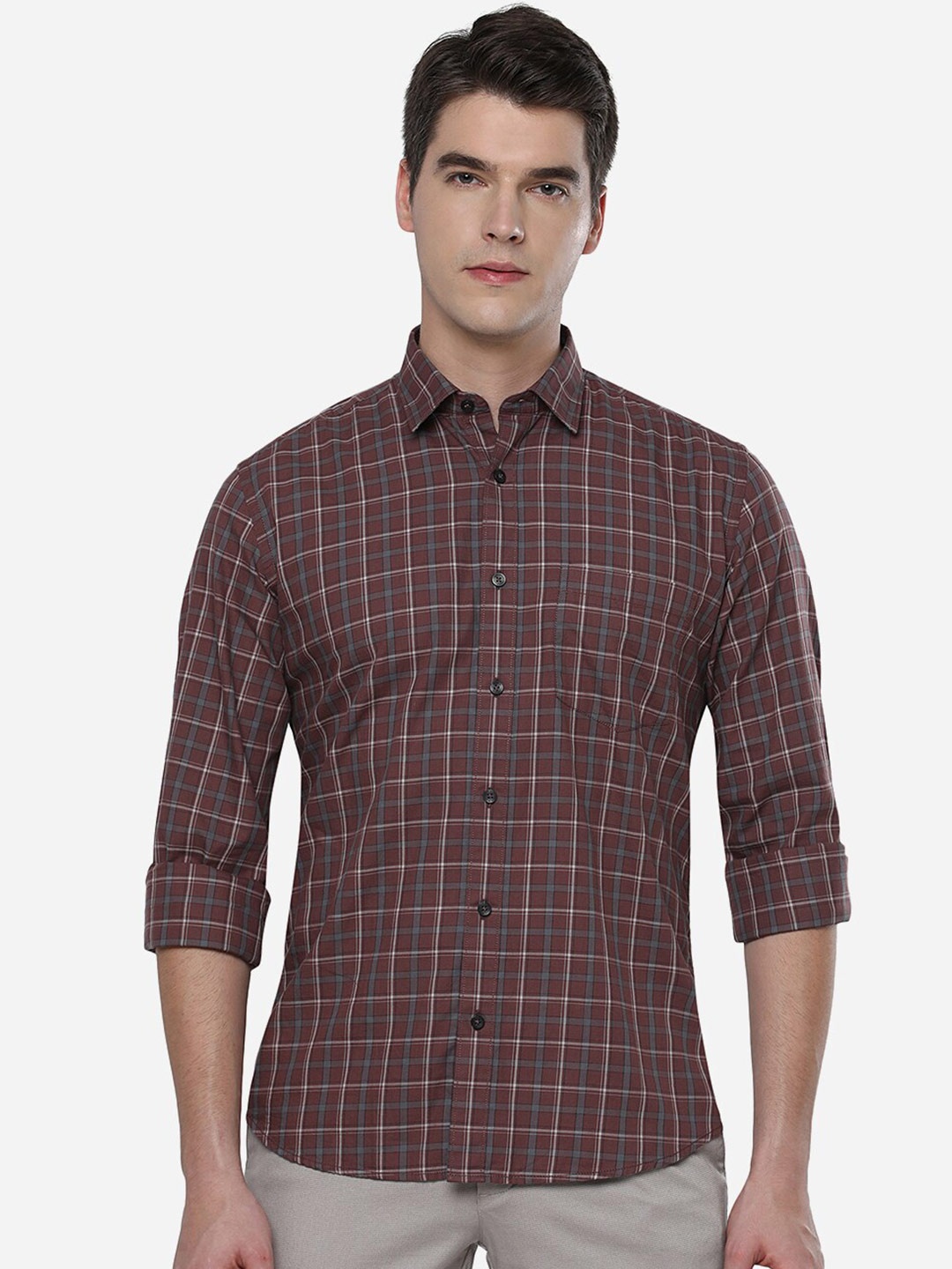 

JADE BLUE Men Maroon Tight Slim Fit Grid Tattersall Checked Casual Shirt