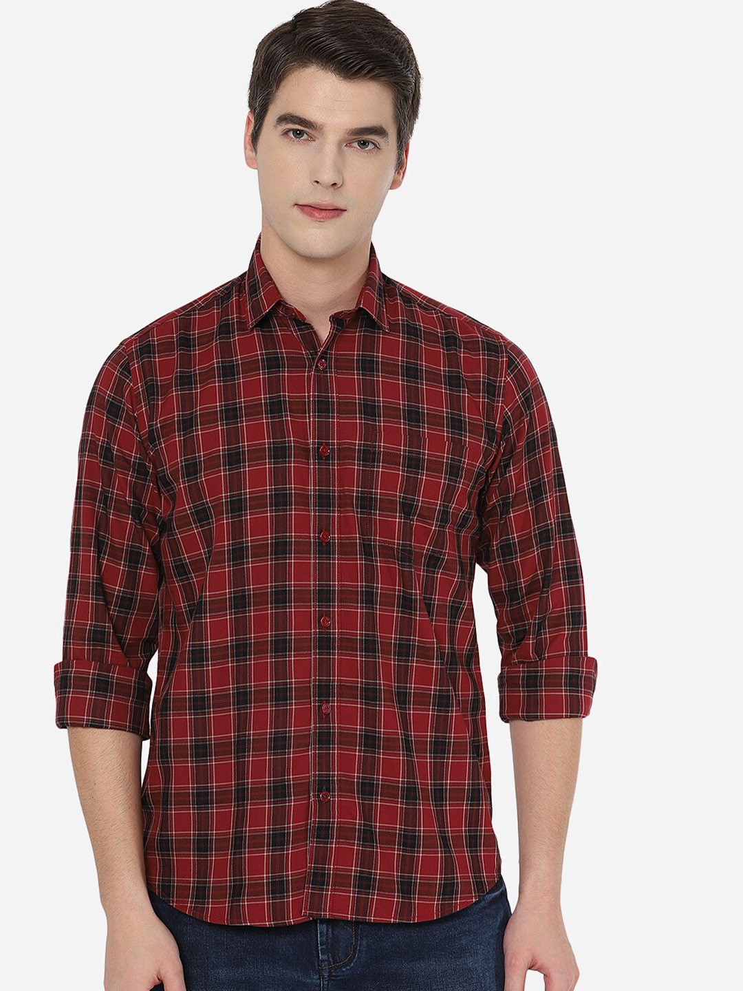 

JADE BLUE Men Maroon Tight Slim Fit Tartan Checked Casual Shirt