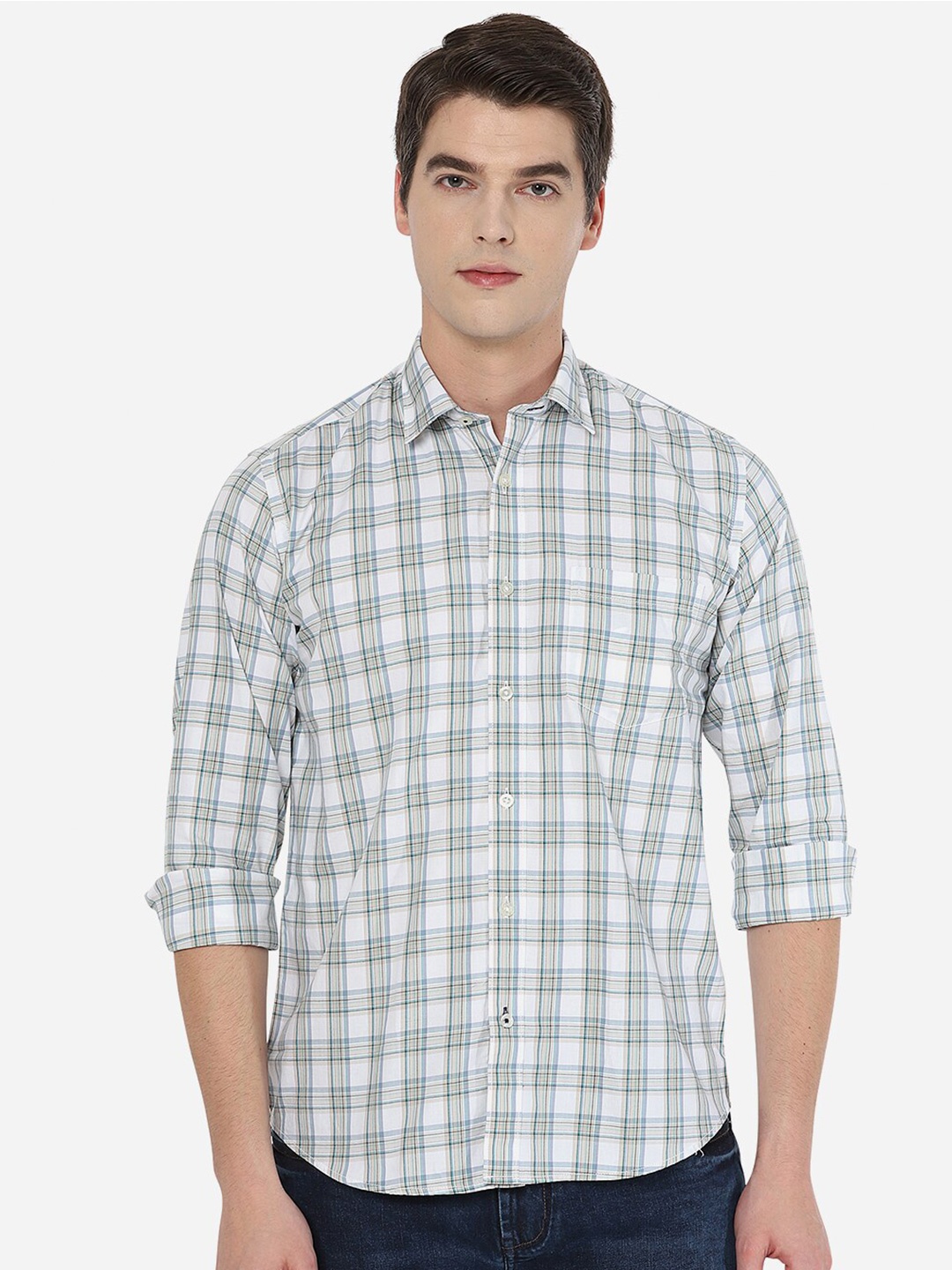 

JADE BLUE Men Beige Tight Slim Fit Tartan Checked Cotton Casual Shirt