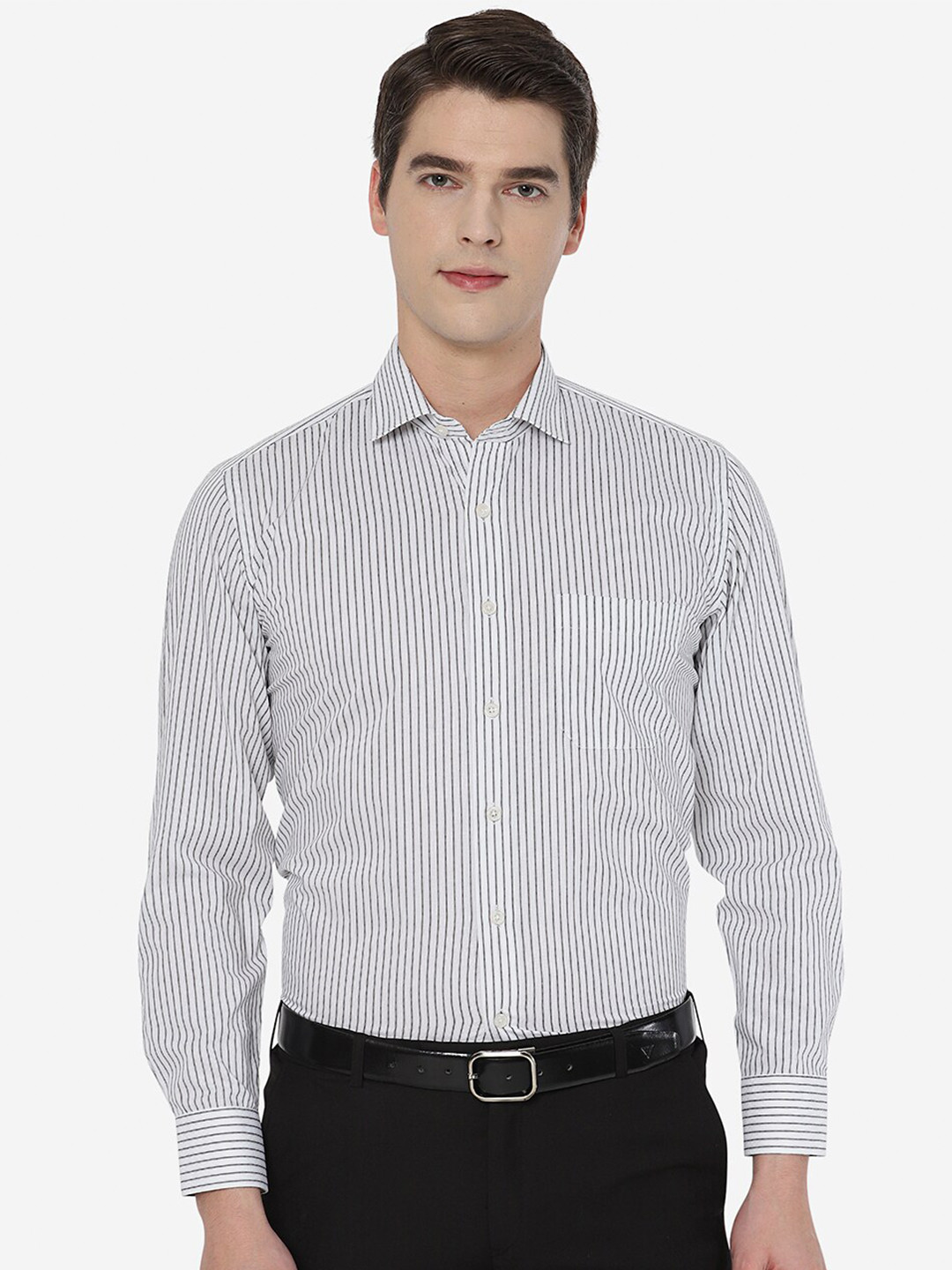 

JADE BLUE Men White Comfort Striped Cotton Formal Shirt