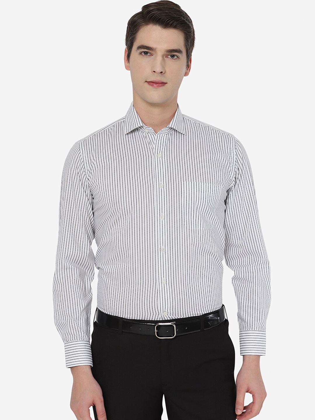 

JADE BLUE Men White Comfort Striped Cotton Formal Shirt