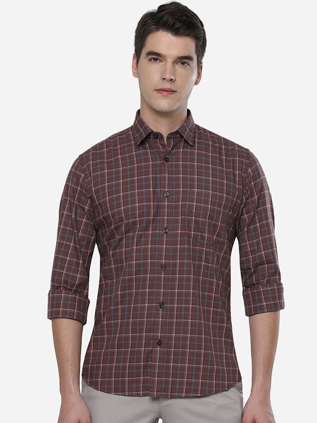 

JADE BLUE Men Tight Slim Fit Grid Tattersall Checked Casual Shirt, Maroon