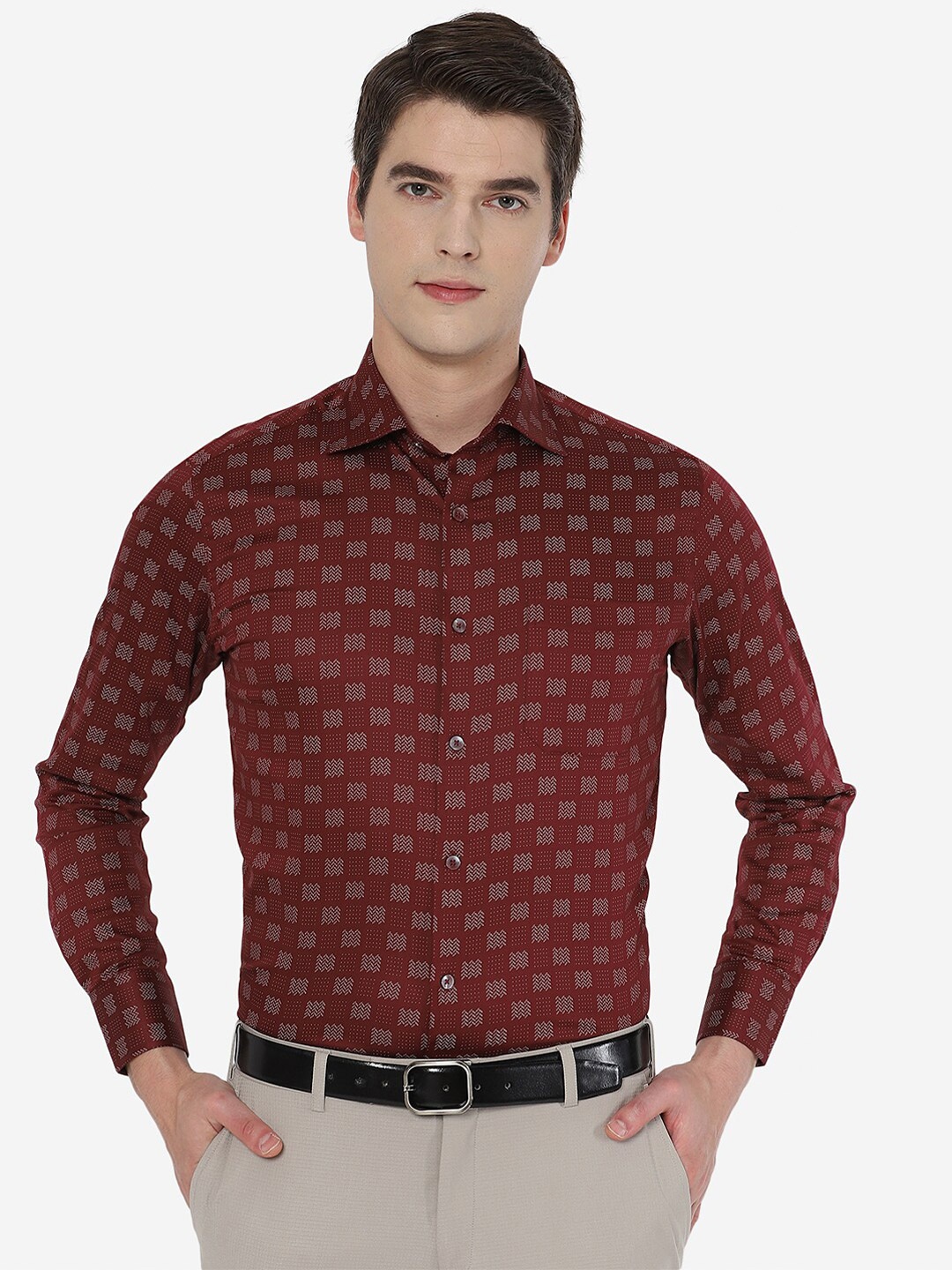 

METAL Men Maroon Tight Slim Fit Printed Pure Cotton Formal Shirt