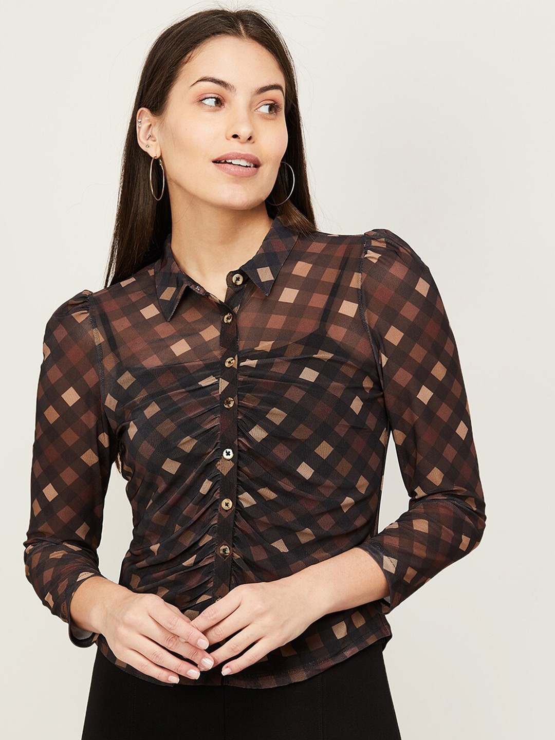 

CODE by Lifestyle Brown Geometric Print Shirt Style Top