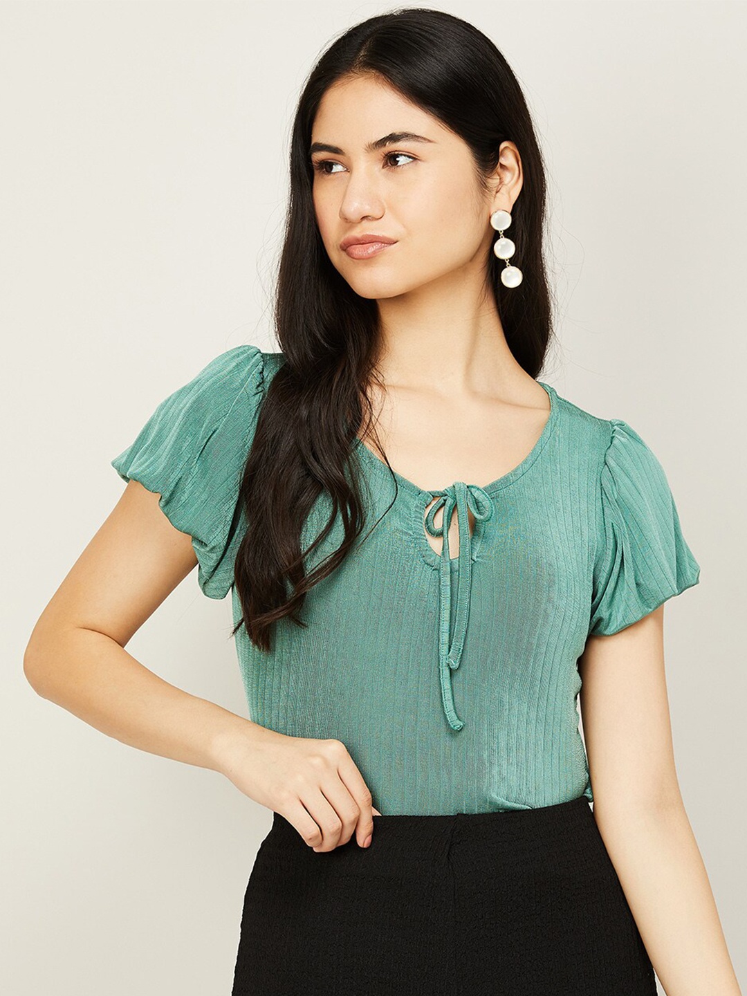 

CODE by Lifestyle Green Tie-Up Neck Cotton Top
