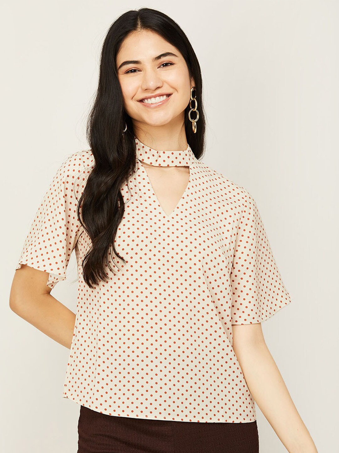 

CODE by Lifestyle Beige & Orange Printed Choker Neck Top