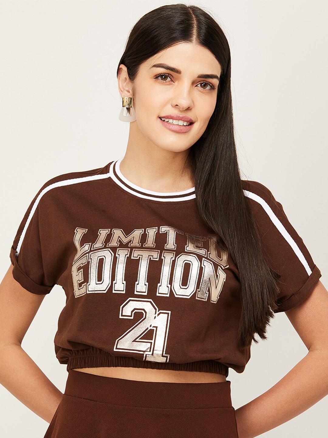 

Ginger by Lifestyle Women Brown Typography Printed Cotton Crop T-shirt