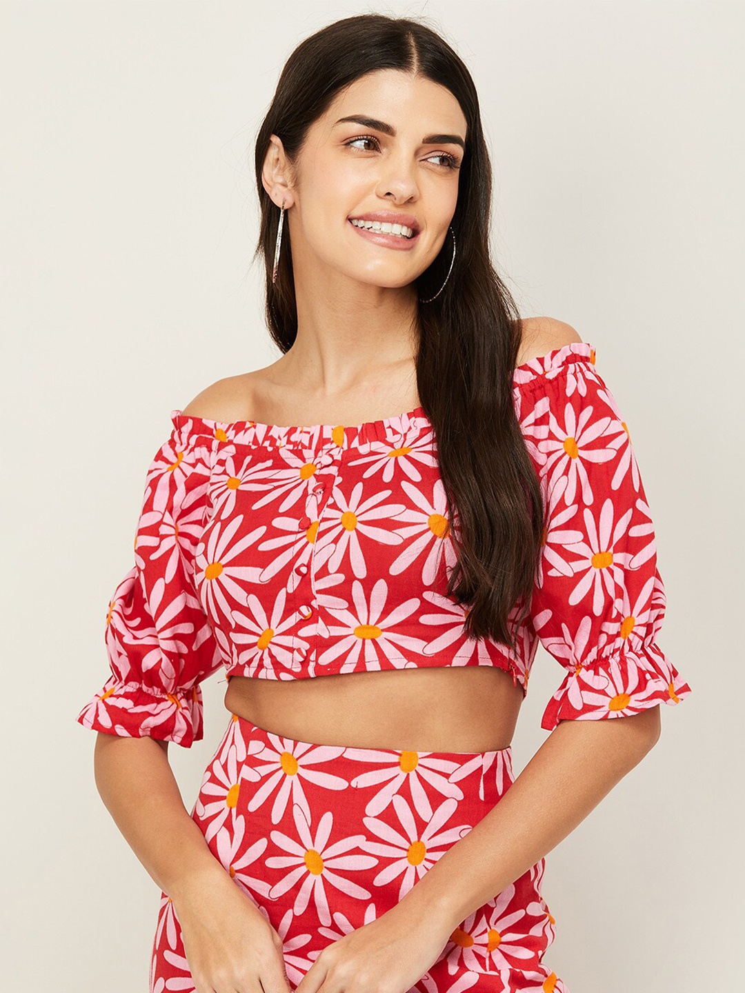 

Ginger by Lifestyle Red Floral Print Off-Shoulder Pure Cotton Crop Top
