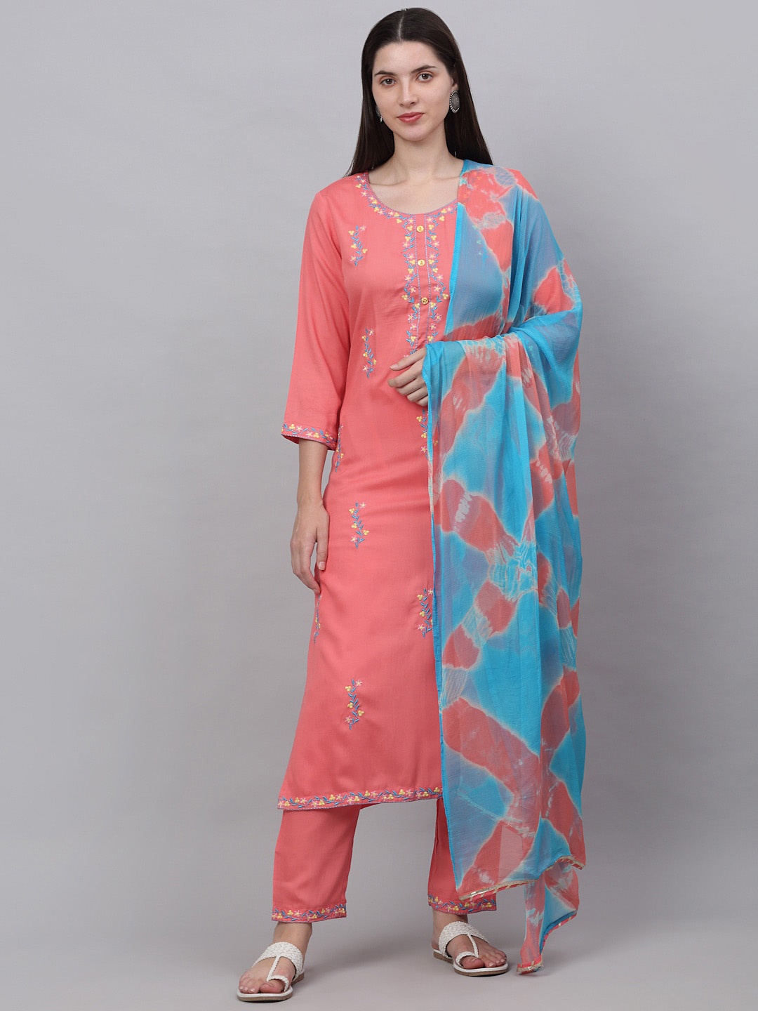 

KALINI Women Floral Kurti with Trousers & With Dupatta, Peach