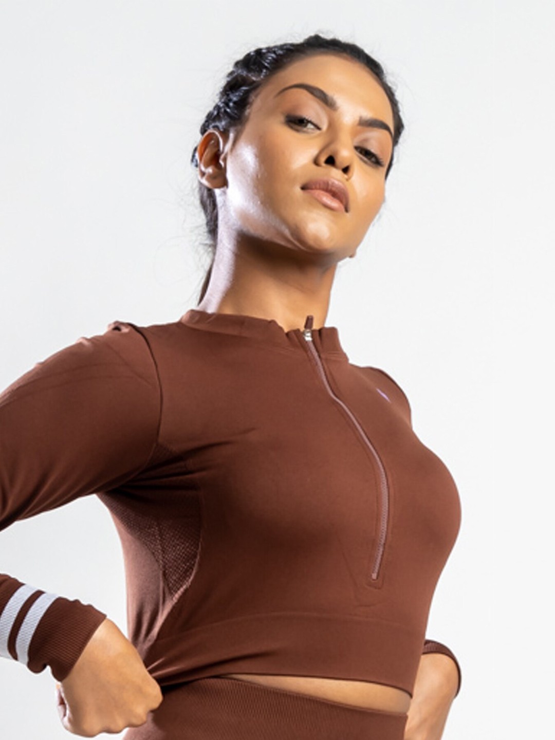 

SKNZ Women Brown High Neck Crop T-shirt