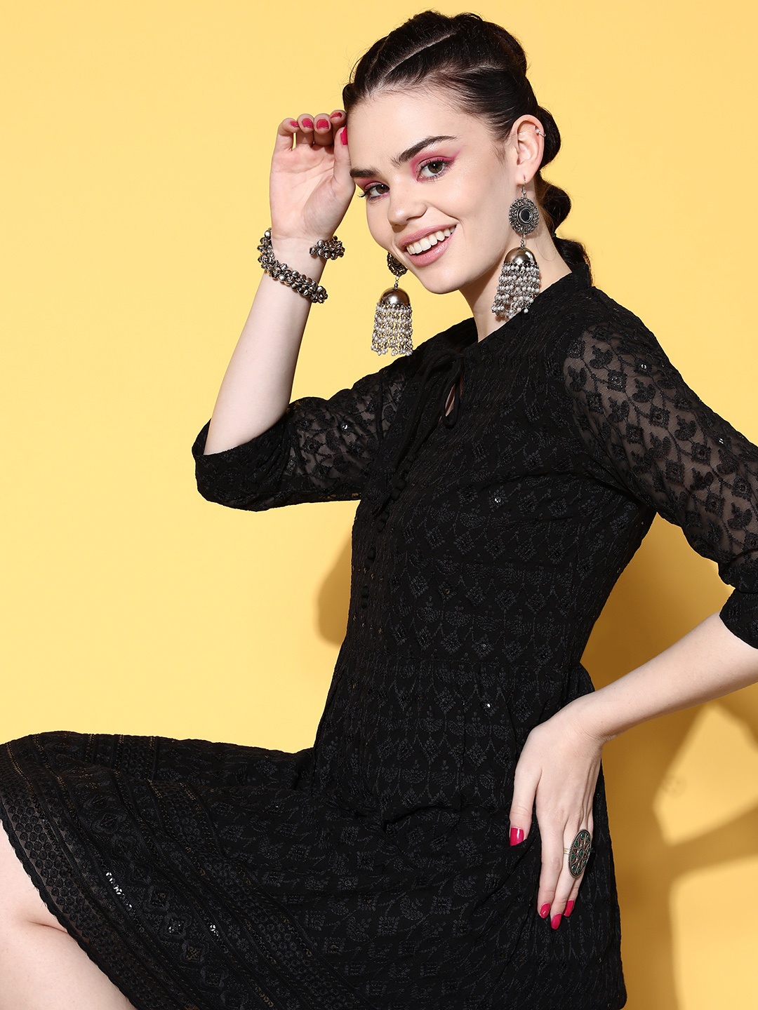 

ZOLA Women Elegant Black Floral Fluid Tie-Up Dress