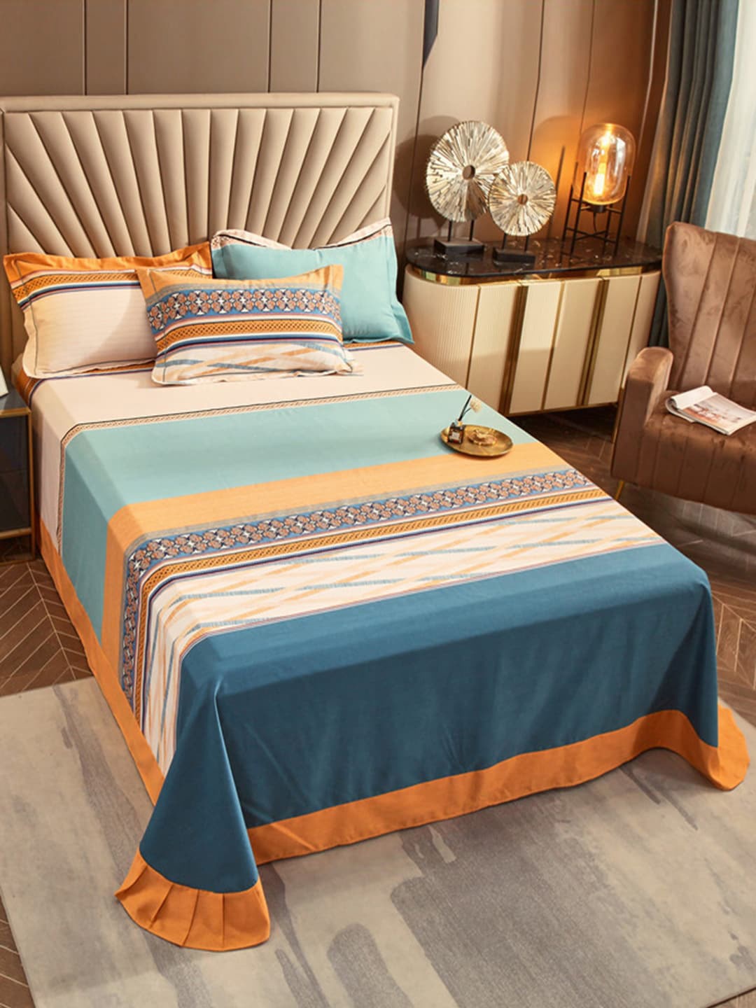 

JC HOME Yellow & Blue Striped Pure Cotton Queen Bedsheet with 2 Pillow Covers