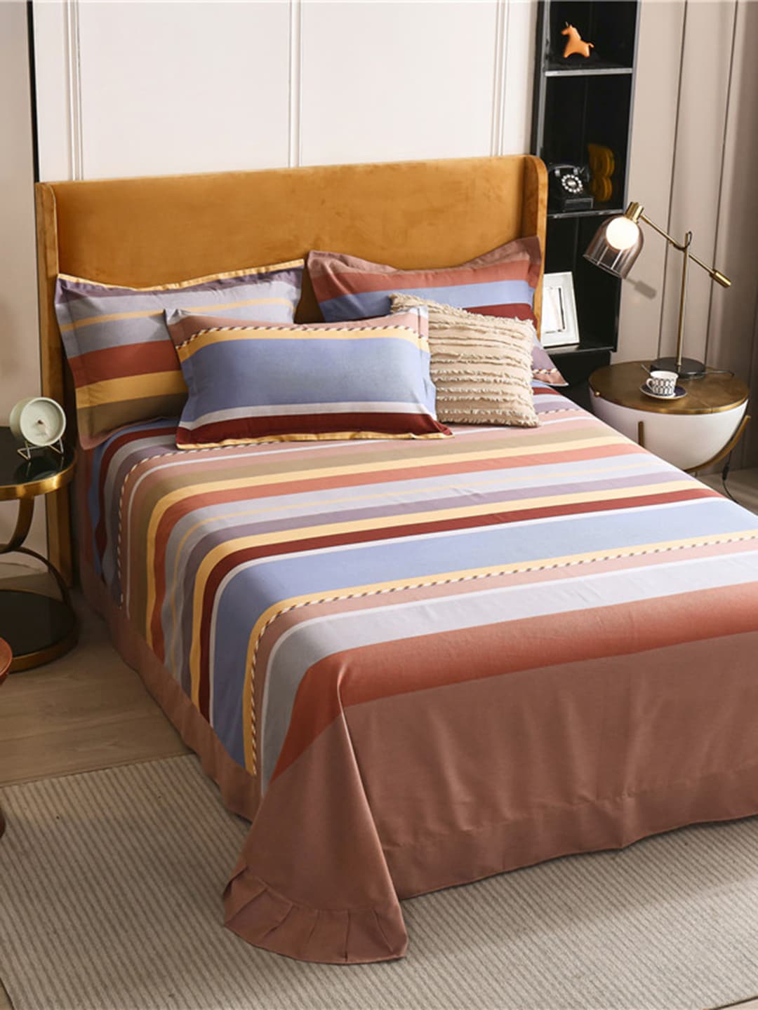 

JC HOME Peach-Coloured Blue Striped 240TC Queen Bedsheet with 2 Pillow Covers
