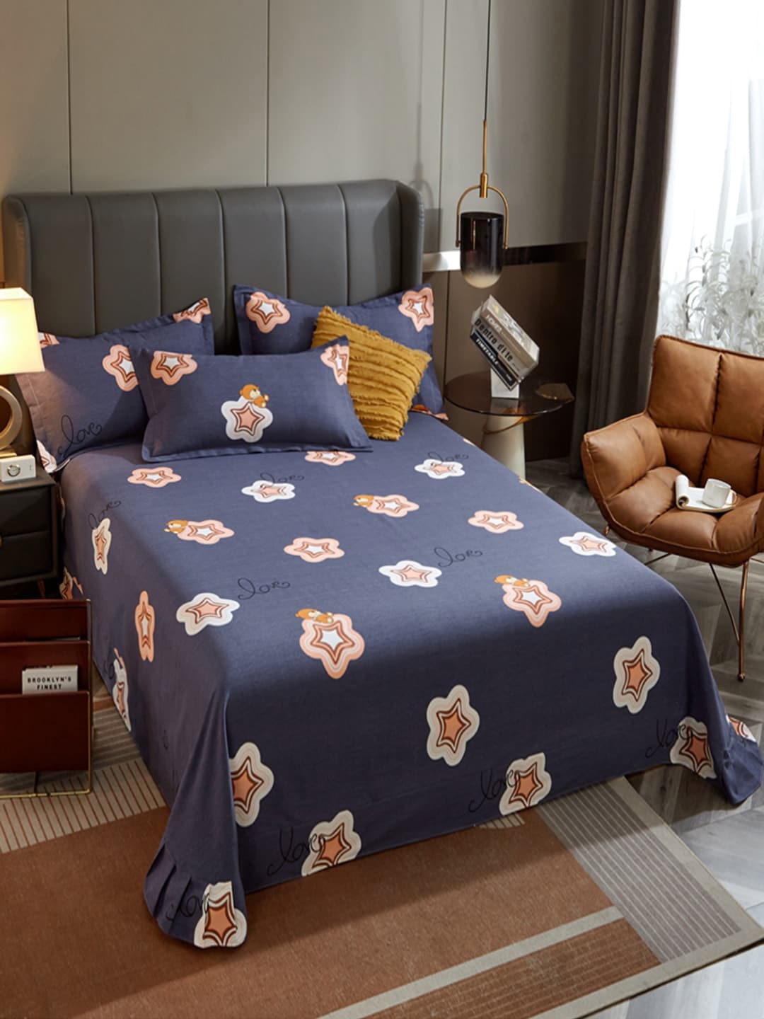 JC HOME Blue & White Cartoon Characters 220 TC King Bedsheet with 2 Pillow Covers