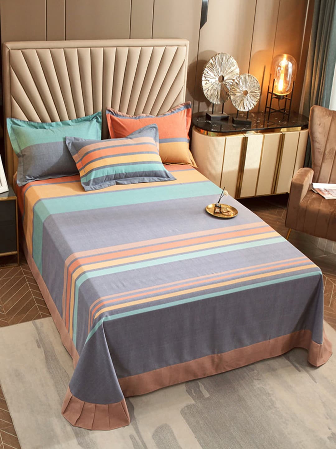 

JC HOME Blue Peach Cotton 240 TC Striped Single Bedsheet With 2 Pillow Covers