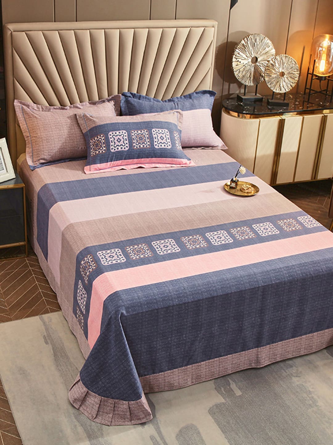 

JC HOME Blue & Pink Striped Cotton 240 TC Queen Bedsheet with 2 Pillow Covers