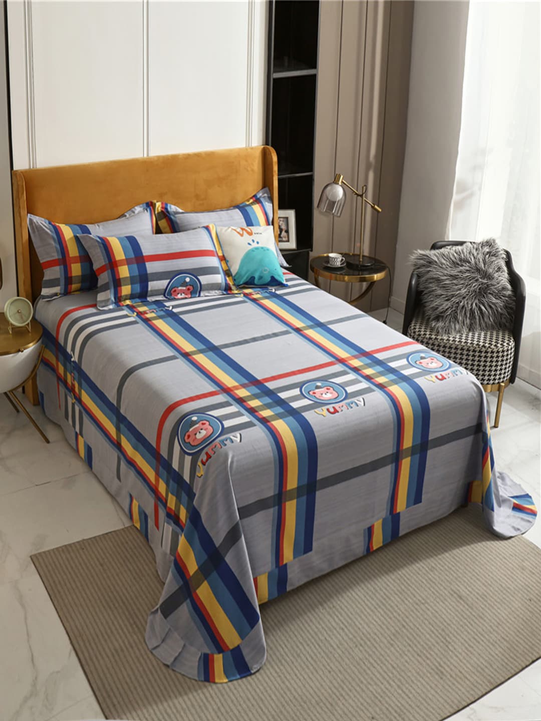 

JC HOME Grey Yellow TC 240 Striped Queen Cotton Bedsheet with 2 Pillow Covers