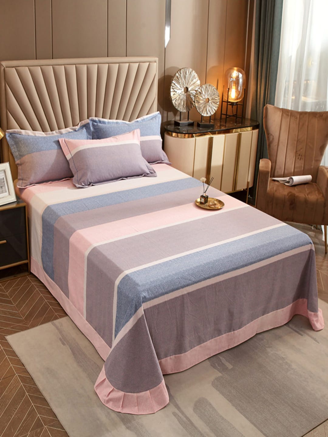 JC HOME Pink & Blue Striped 240 TC Single Bedsheet With 2 Pillow Covers
