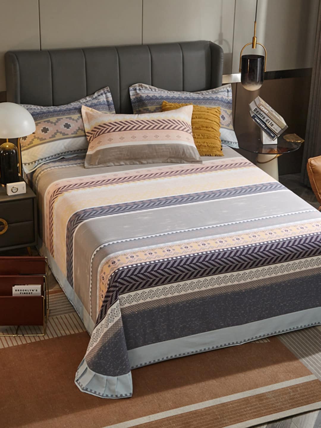 

JC HOME Grey & Beige Striped 220 TC King Bedsheet with 2 Pillow Covers