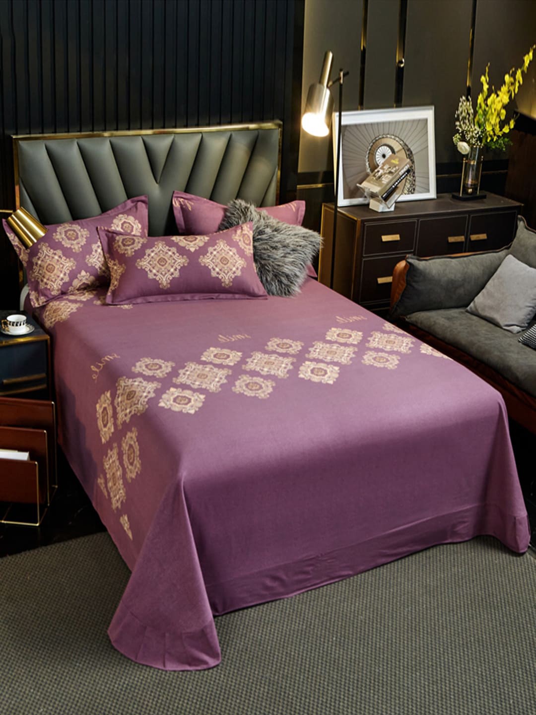 

JC Collection Purple & Gold-Toned Pure Cotton 220 TC Single Bedsheet with 2 Pillow Covers