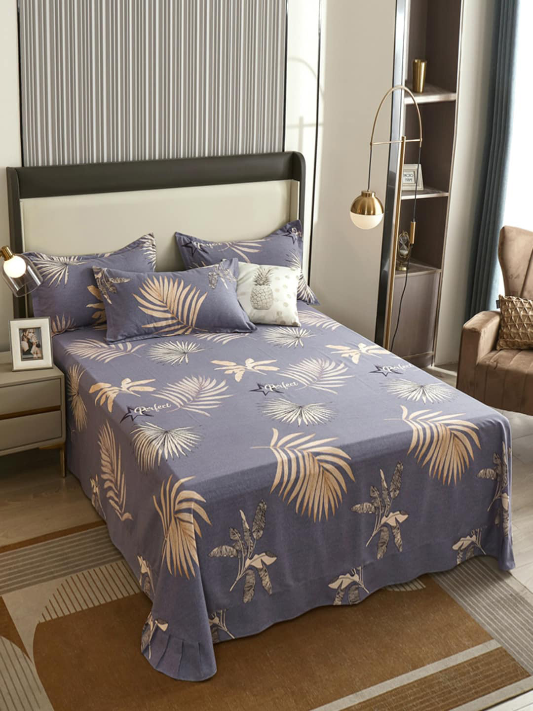 

JC Collection Grey & Beige Floral 220 TC King Bedsheet with 2 Pillow Covers