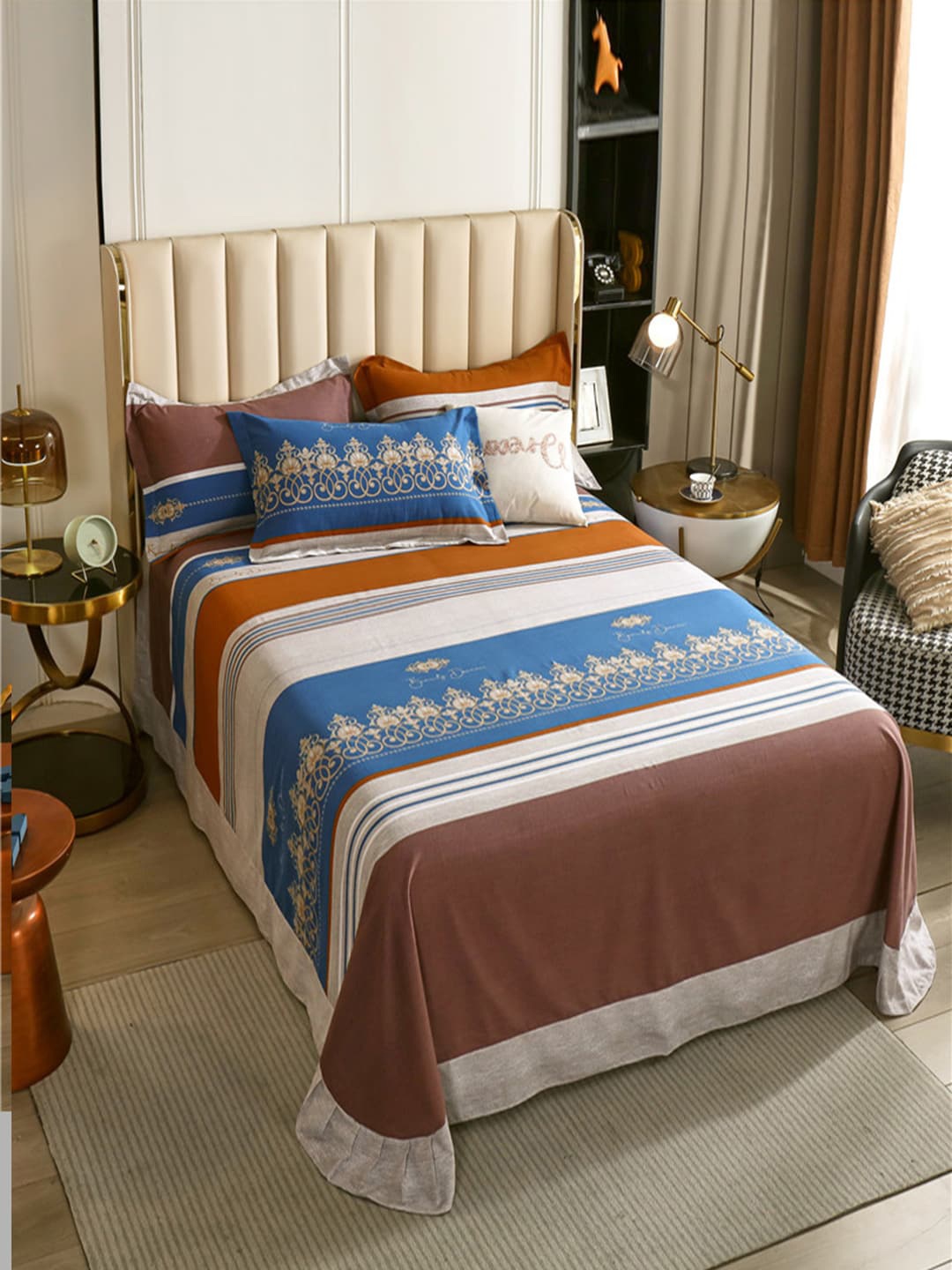 

JC Collection Coffee Brown & Blue Striped Queen Bedsheet with 2 Pillow Covers