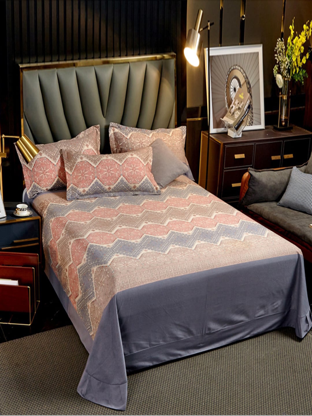

JC HOME Pink & Grey Pure Cotton 220 TC Single Bedsheet with 2 Pillow Covers