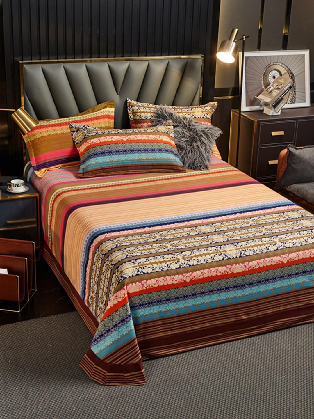 

JC HOME Red & Brown Striped 220 TC King Bedsheet with 2 Pillow Covers