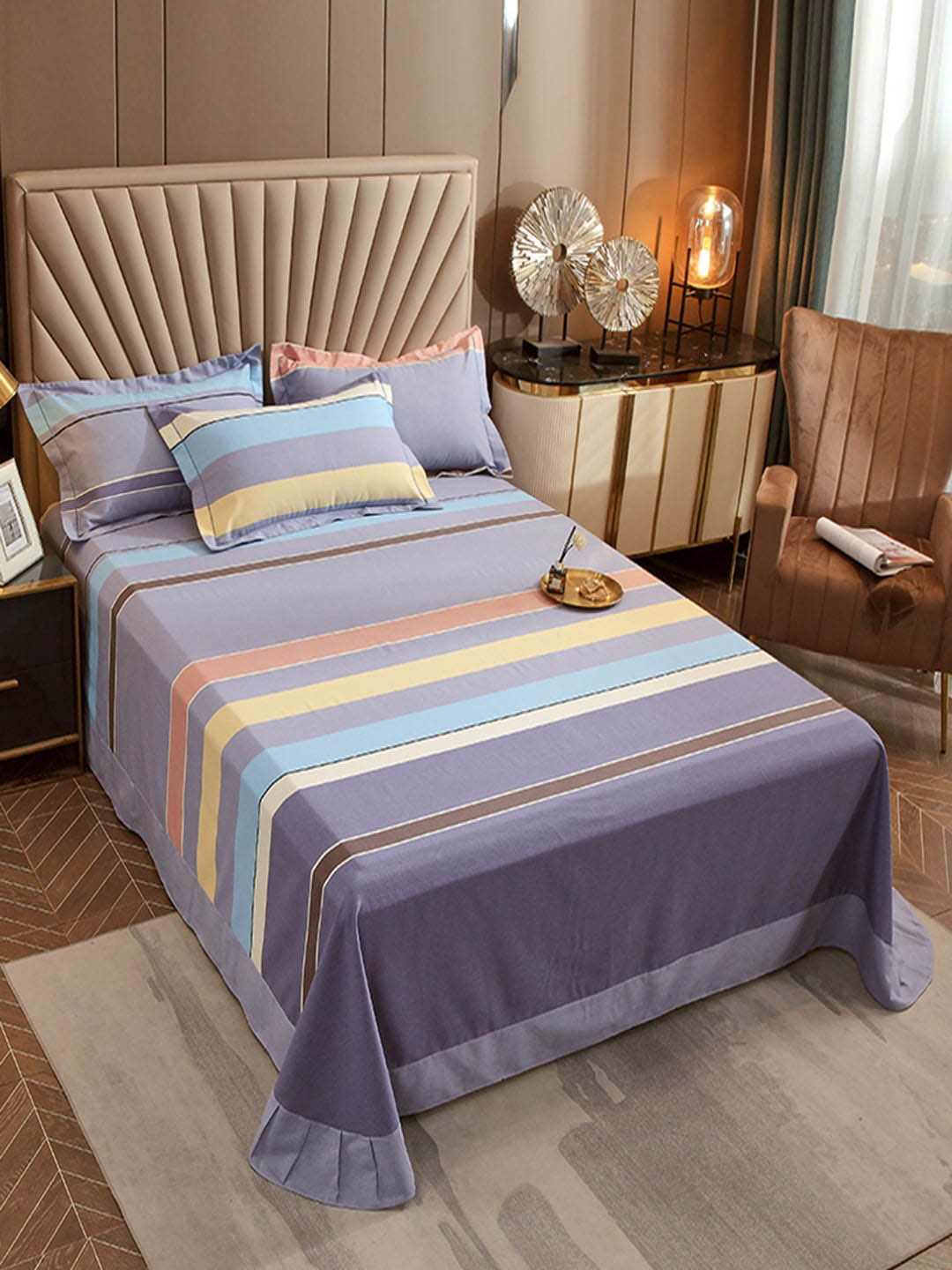 

JC HOME Multicoloured Striped Pure Cotton Single Bedsheet with 2 Pillow Covers, Multi