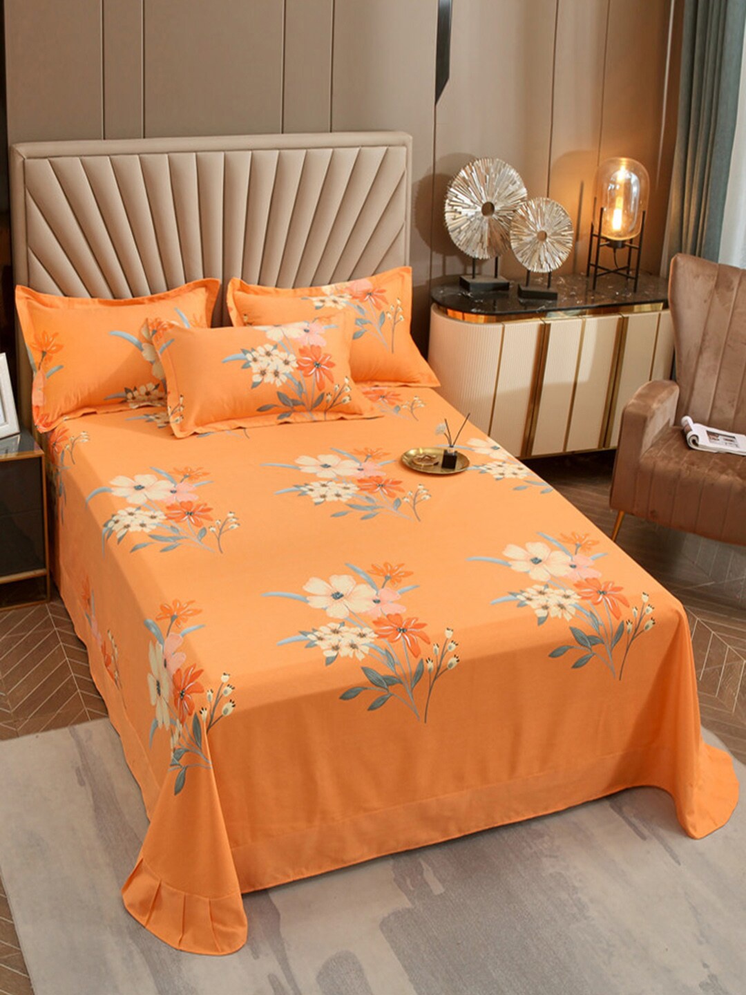 

JC Collection Orange & White Floral Cotton King Bedsheet With 2 Pillow Covers