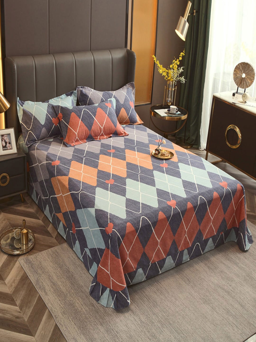 

JC HOME Grey Orange Geometric Pure Cotton 220 TC Single Bedsheet 2 Pillow Covers
