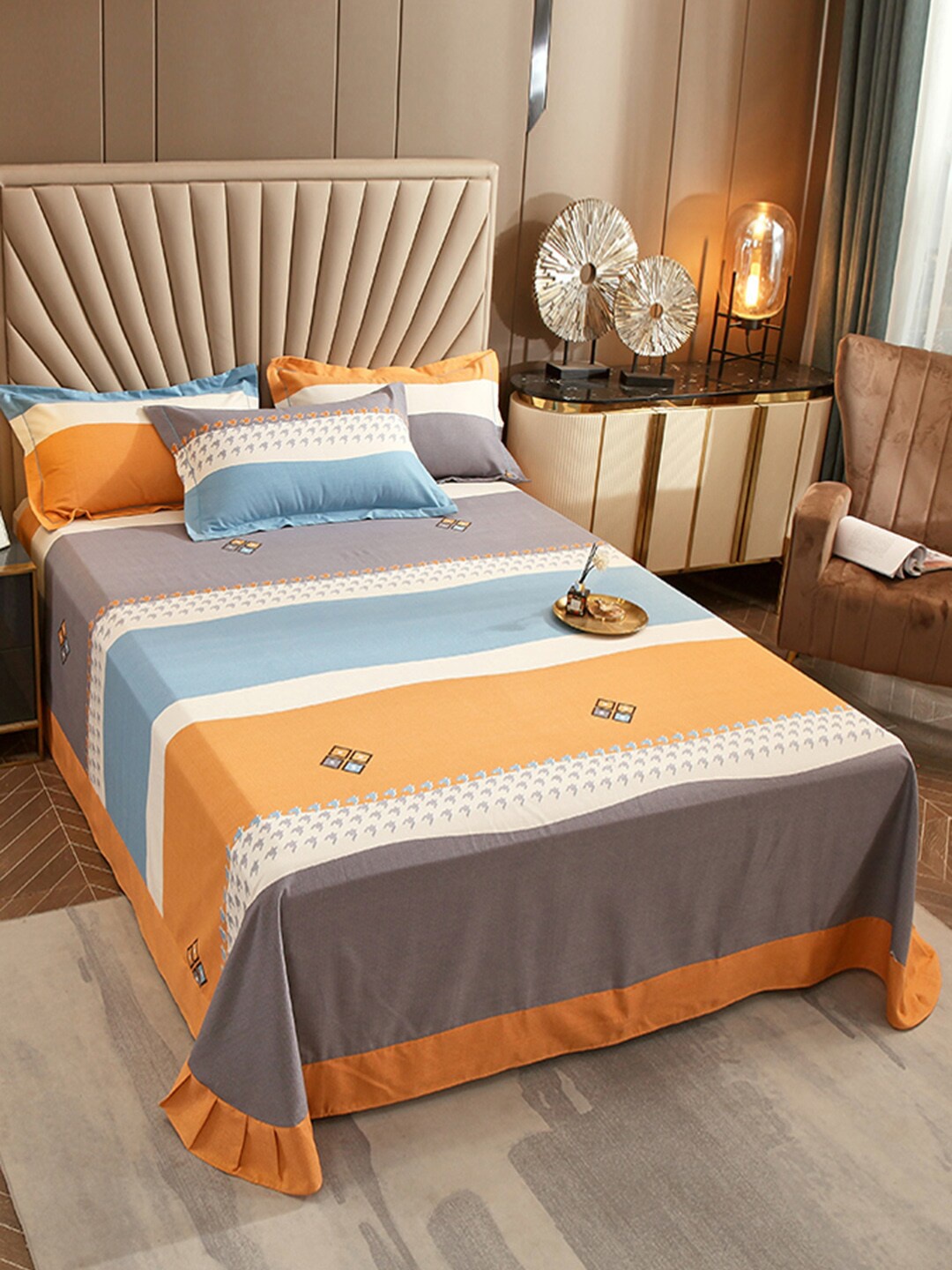 

JC HOME Orange & White Striped Queen Bedsheet with 2 Pillow Covers