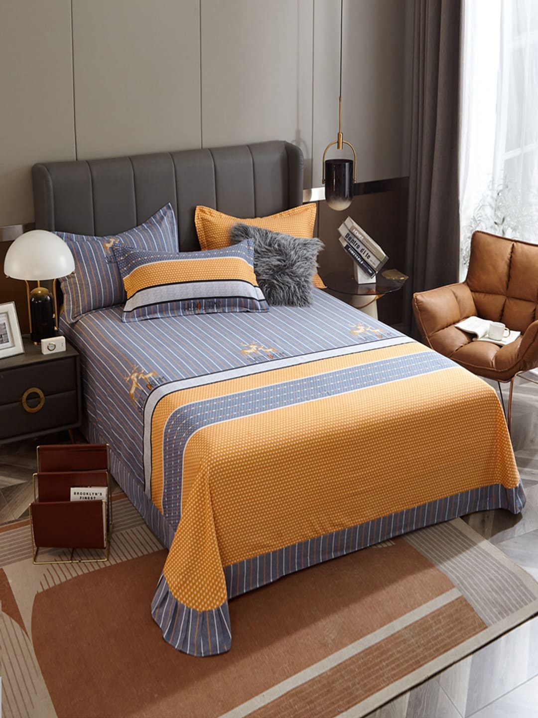 

JC HOME Blue & Yellow Striped 220 TC King Bedsheet with 2 Pillow Covers