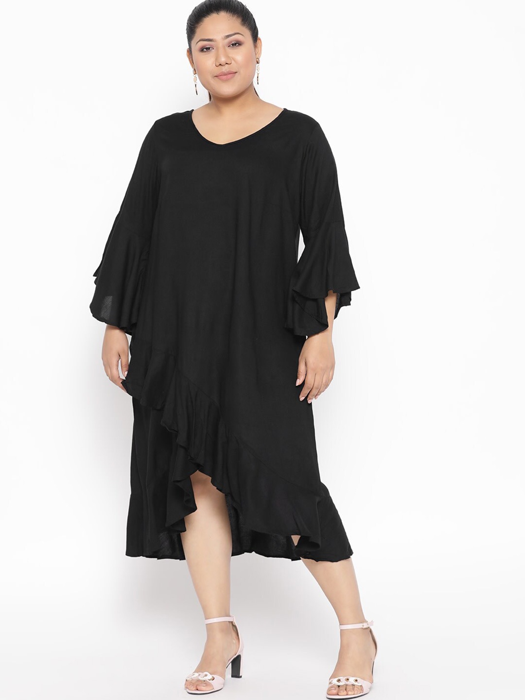 

theRebelinme Plus Size Black Frill Overlap A-Line Midi Dress