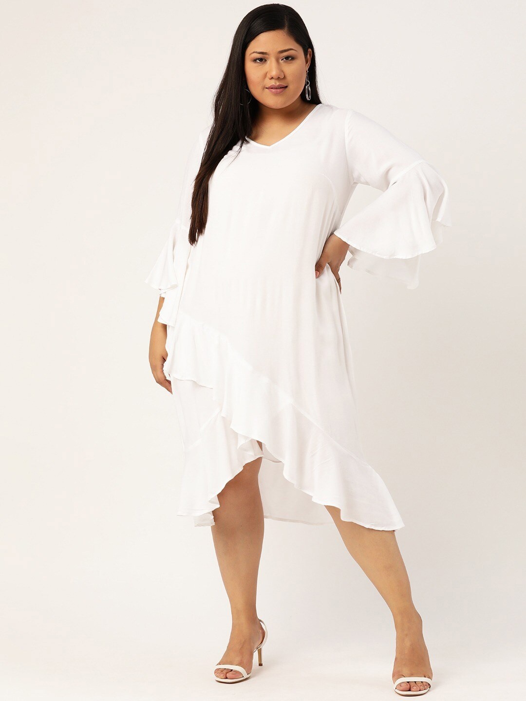 

theRebelinme Plus Size White Frill Overlap A-Line Midi Dress