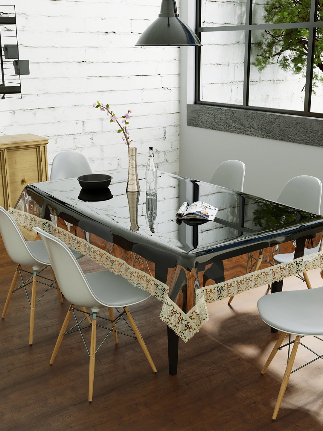 

Clasiko Transparent & Golden Border Solid Plastic 8-Seater Table Cover