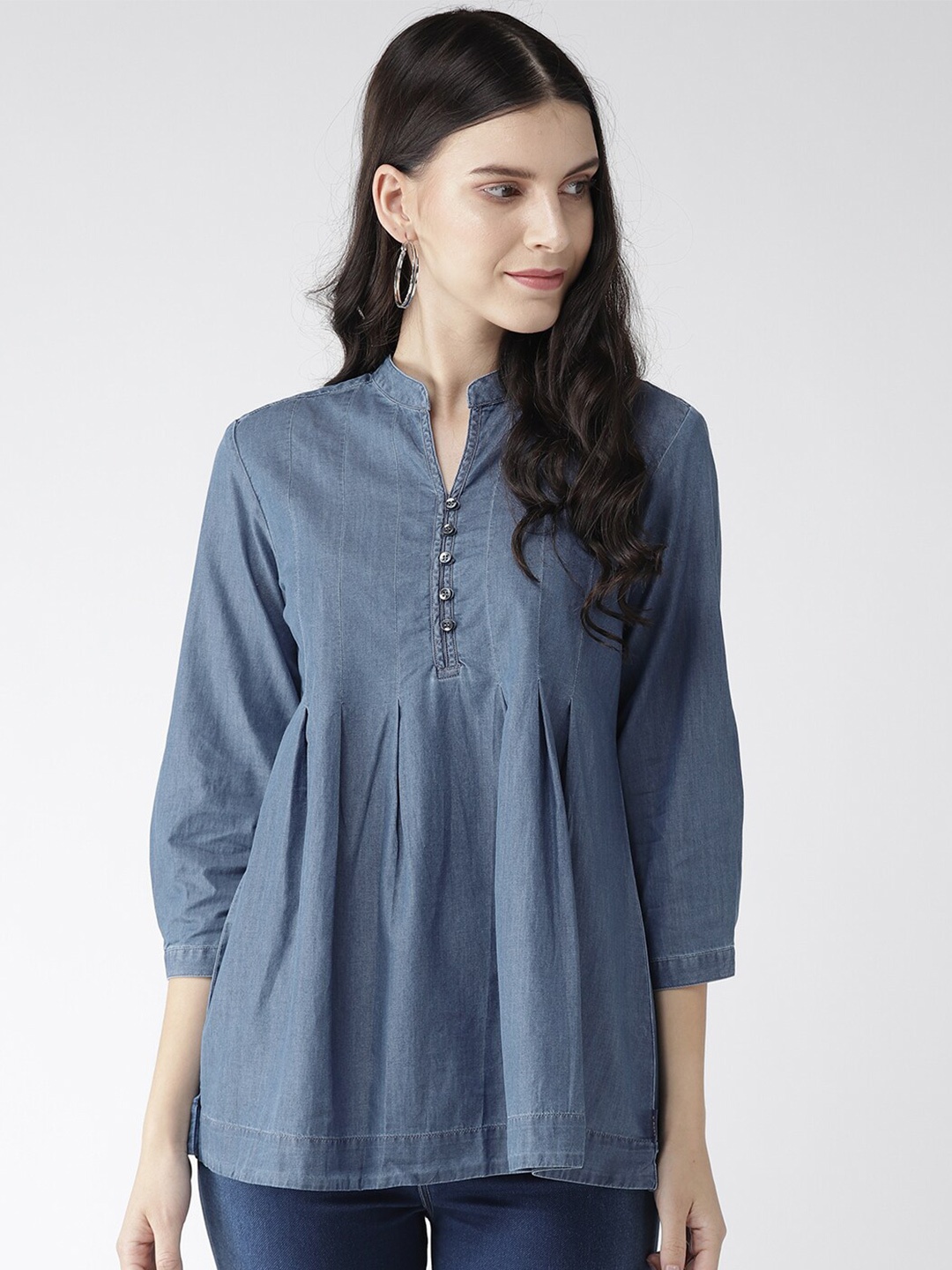 

Xpose Blue Mandarin Collar Pure Cotton Denim Top