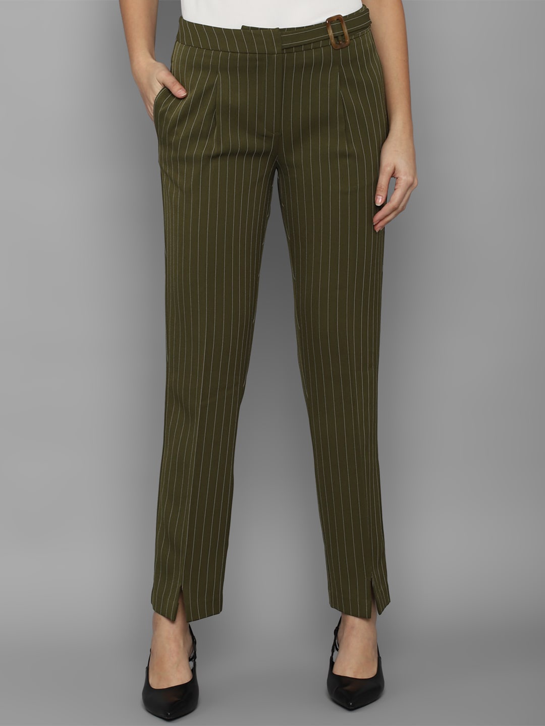 

Allen Solly Woman Olive Green Striped Pleated Trousers