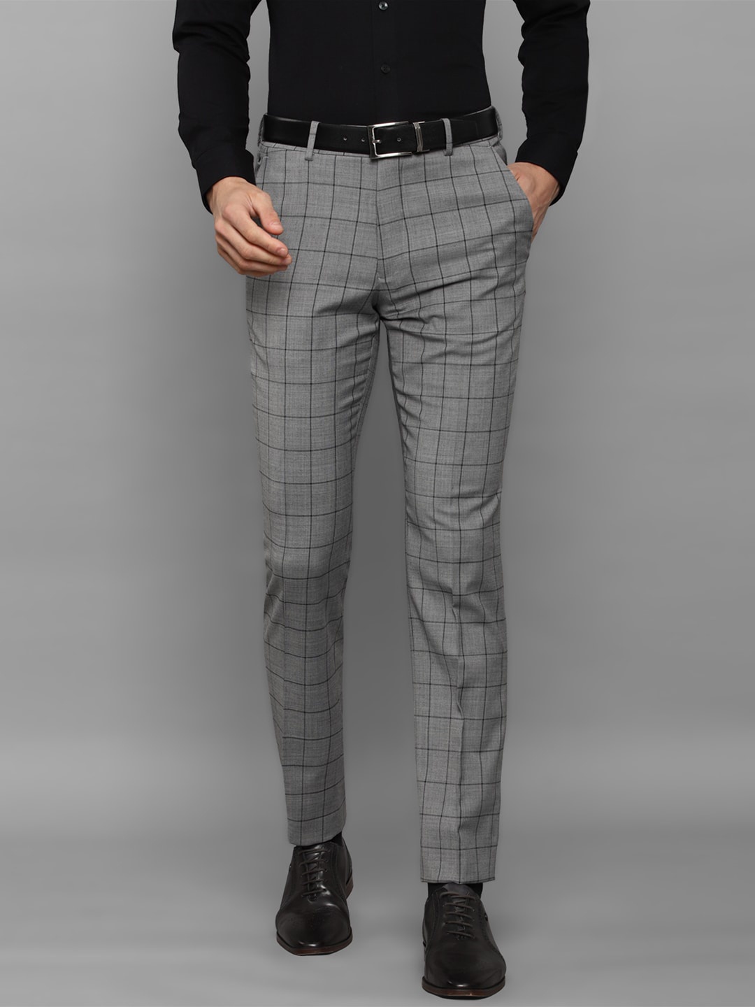 Louis Philippe Men Grey Checked Slim Fit Trousers
