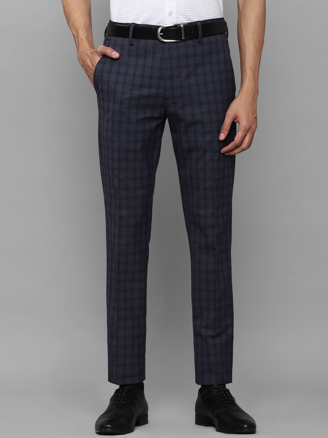 Louis Philippe Men Navy Blue Checked Slim Fit Trousers