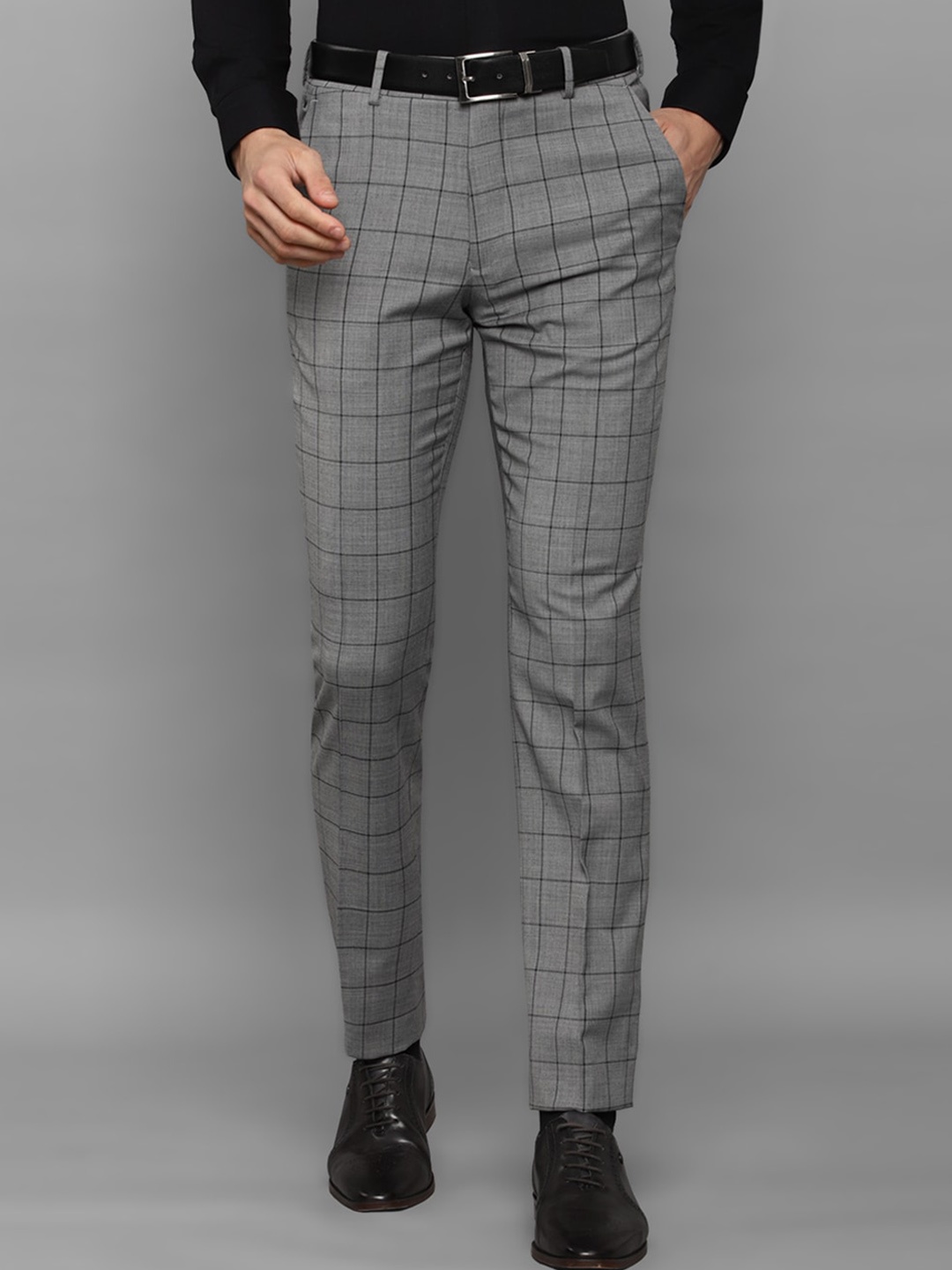 

Louis Philippe Men Grey Checked Slim Fit Trousers