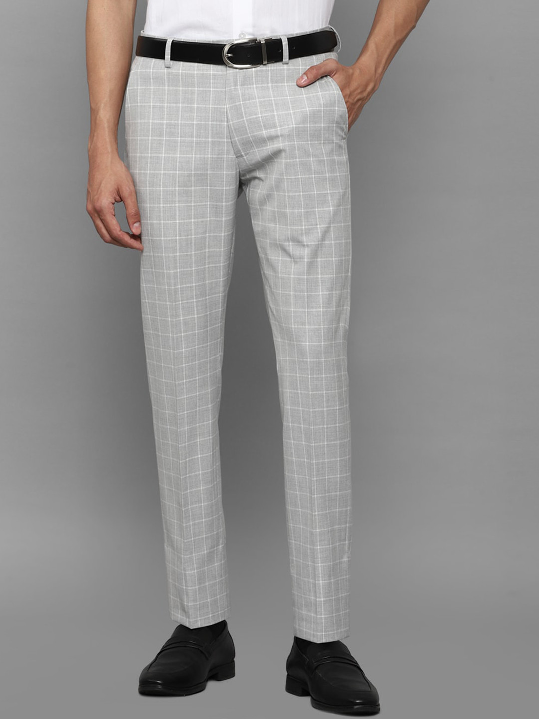 

Louis Philippe Men Grey Checked Slim Fit Trousers