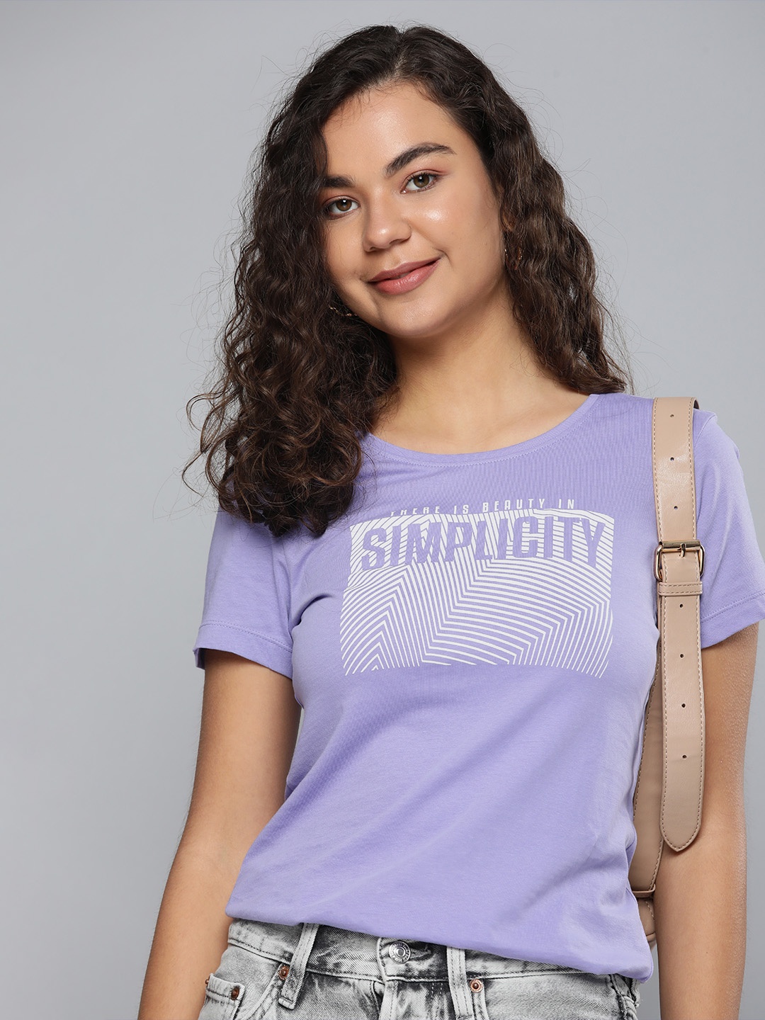 

HERE&NOW Women Violet & White Typography Printed Pure Cotton T-shirt