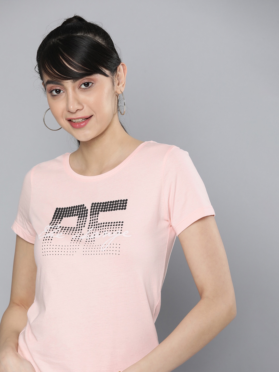 

HERE&NOW Women Pink & Black Typography Printed T-shirt