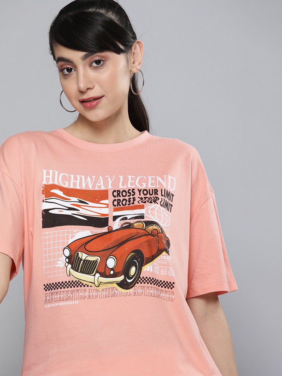 

HERE&NOW Women Peach-Coloured & Black Printed Drop-Shoulder Sleeves Pure Cotton T-shirt