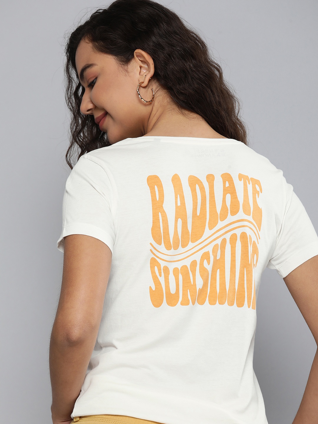 

HERE&NOW Women Off White & Orange Typography Printed Pure Cotton T-shirt