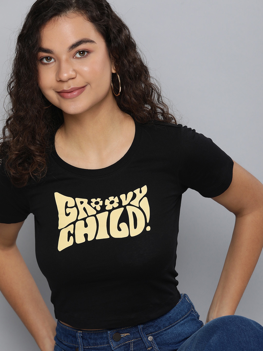 

HERE&NOW Women Black & Yellow Typography Printed Pure Cotton T-shirt