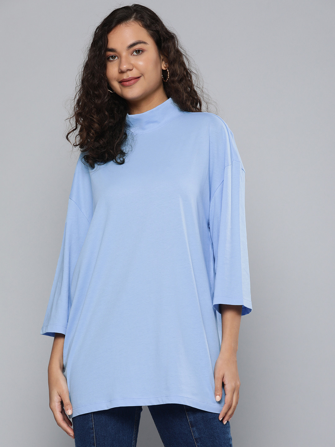 

HERE&NOW Women Blue High Neck Drop-Shoulder Sleeves Pure Cotton T-shirt