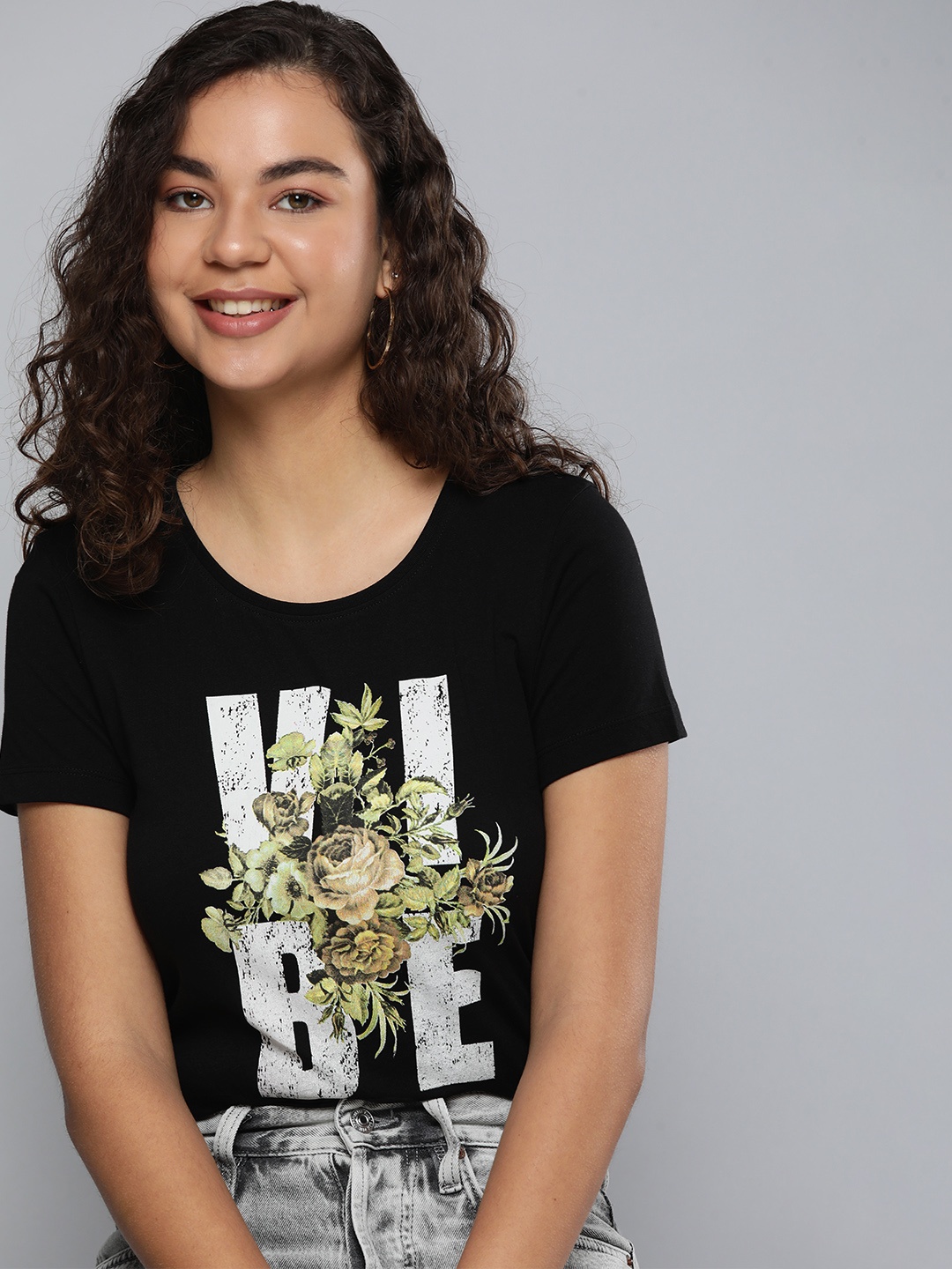 

HERE&NOW Women Black & White Typography Printed Pure Cotton T-shirt